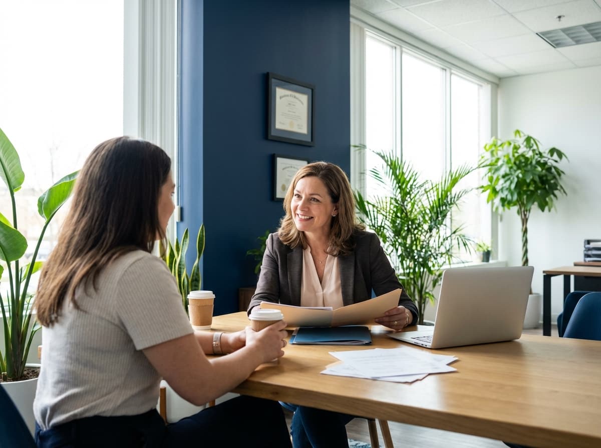 Senior placement advisor consulting with family member