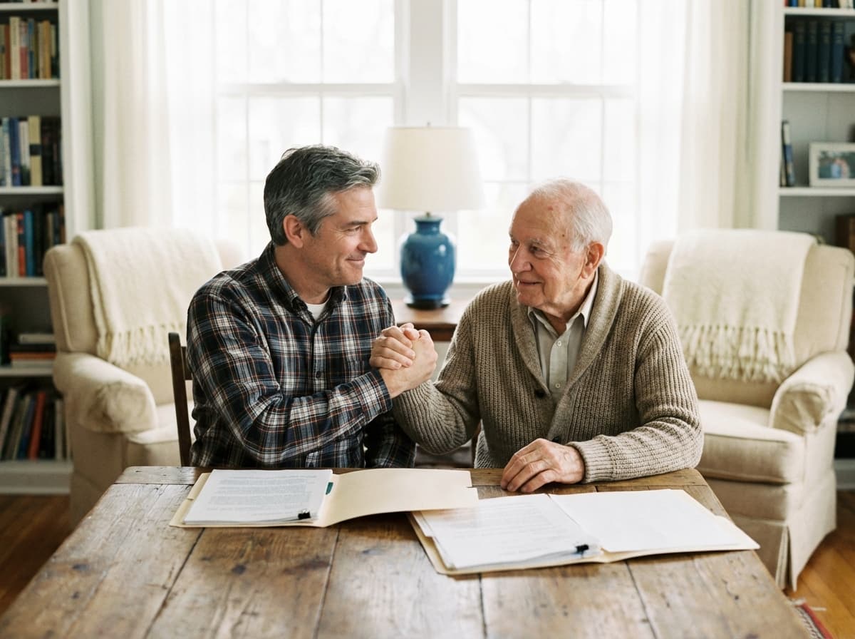 Father and son reviewing senior living options together